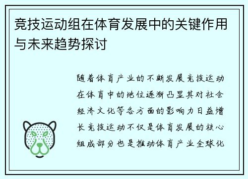 竞技运动组在体育发展中的关键作用与未来趋势探讨